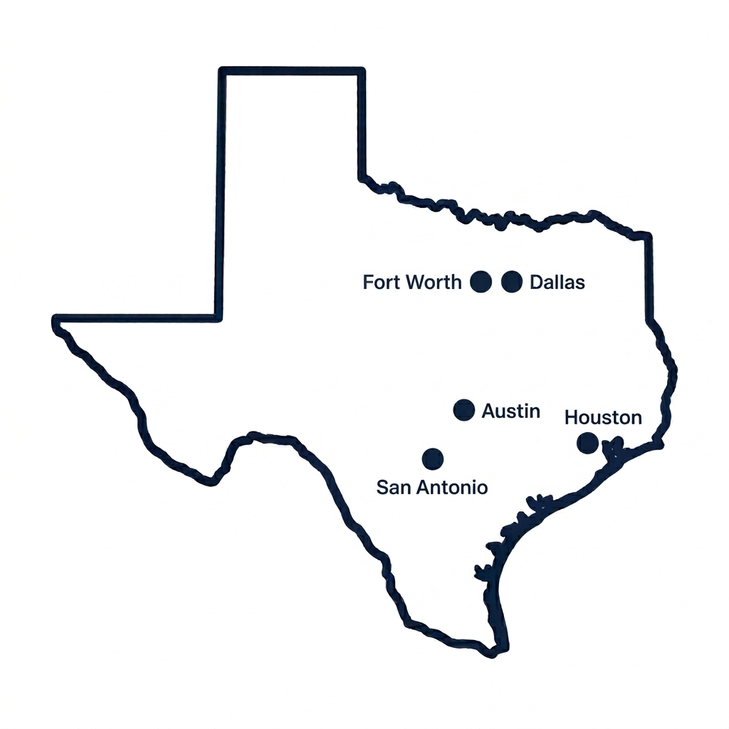 Map of Texas highlighting service area (Austin, San Antonio, Houston, Dallas, Fort Worth)